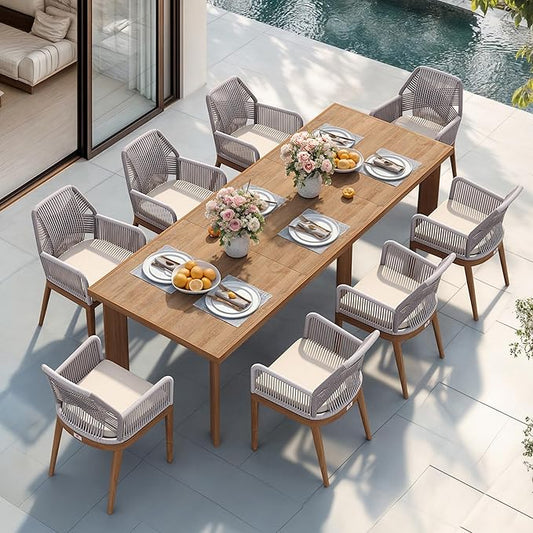 PURPLE LEAF 9 Pieces Patio Dining Set Aluminum Rectangular Table and Rattan Arm Chairs with Cushions for Kitchen Porch Garden Modern Outdoor Furniture Sets