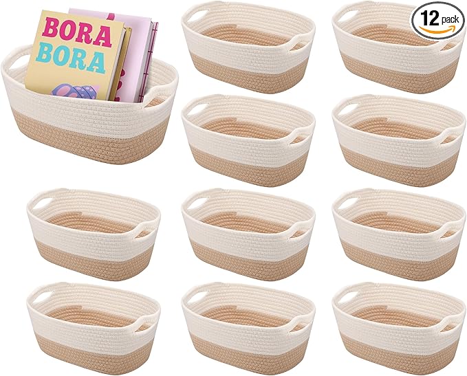 12 Pack Easter Woven Baskets for Gifts Empty Large Cotton Rope Square Storage Baskets with Handle for Organizing Shelves, Toys, Books, Towels, Clothes, 12.6" L x 8.7" w x 6" h(Boho)