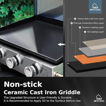 MFSTUDIO 27 Inch Flat Top Propane Gas Griddle Grill, Ceramic Coated Cast Iron Pan, Outdoor Flattop Grill with Lid for Cooking