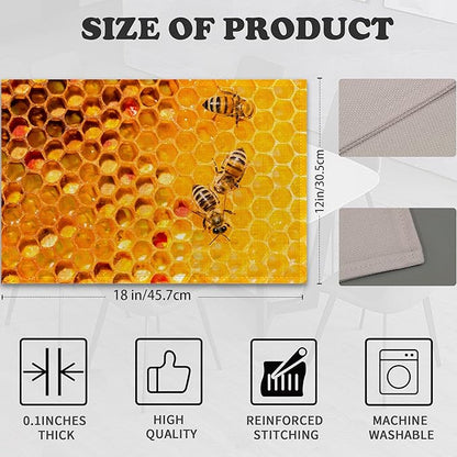 Honey Bee Placemats Set of 6 Linen Heat Resistant,Yellow Honeycomb Table Mats Washable Rustic Place Mats Decoration for Home Kitchen Dining Room Party 12x18 Inch
