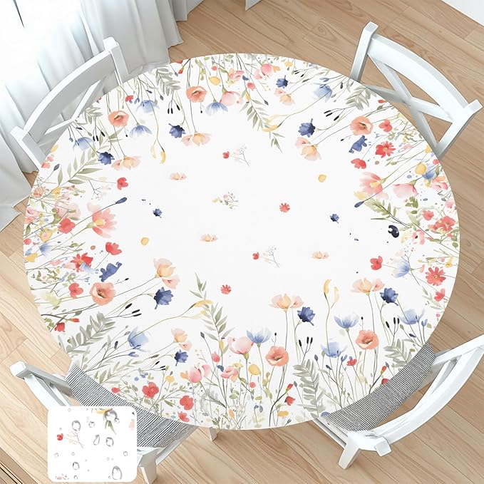 Spring Summer Floral Round Fitted Tablecloth with Elastic Watercolor Farmhouse Wildflower Circle Table Cloth for 44-48" Tables Wipeable Waterproof Easter Flower Table Cover for Picnic Dining Outdoor
