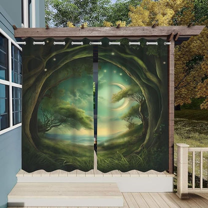 Forest Theme Outdoor Curtains for Patio Waterproof,Trees Moon Lake Pattern,Privacy, Grommet Curtains for Patio, Pergola, Porch, Deck, Lanai, and Cabana,Set of 2 Panels,42 x 84 inch,Green