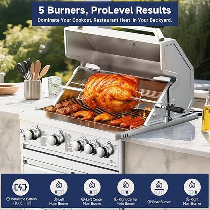 BODEGA 30 Inch 5-Burner Propane Gas Grill with Rotisserie Chicken Fork Kit, 58000-BTU Outdoor Gas Grill for Kitchen, LPG/NG Convertible, Backyard BBQ Grill with Temperature & Rear Infrared Burner.