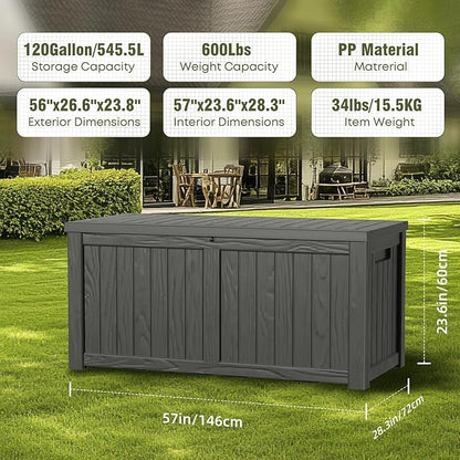 DRATO 120 Gallon Large Deck Box, Outdoor Storage Box for Patio Furniture, Patio Cushions, Gardening Tools, Pool Supplies,660lbs Weight Capacity,Waterproof Resin Storage Boxes（Black，120 Gallon）
