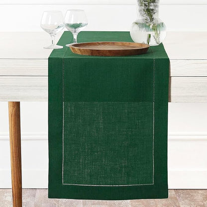 D'Moksha Homes Linen Forest Green Table Runner 36 Inches - 100% Pure Linen Small Table Runner 14 x 36 Inch Ideal for Dresser, Coffee Tables, St Patricks Day, Easter - Classic Hemstitch