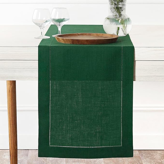 D'Moksha Homes Linen Forest Green Table Runner 60 Inches - Classic Hemstitch, 100% Pure Linen Coffee Table Runner 14 x 60 Inch Ideal for Dresser Tables - St Patricks Day, Easter