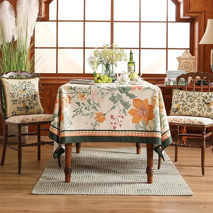 French Long Tablecloth for Rectangle Table,Linen Orange Floral Wrinkle Resistant Tablecloths,Decorative Table Cover for Kitchen,Dining,Tea Party,Thanksgiving,Christmas,63"*94"-Milch