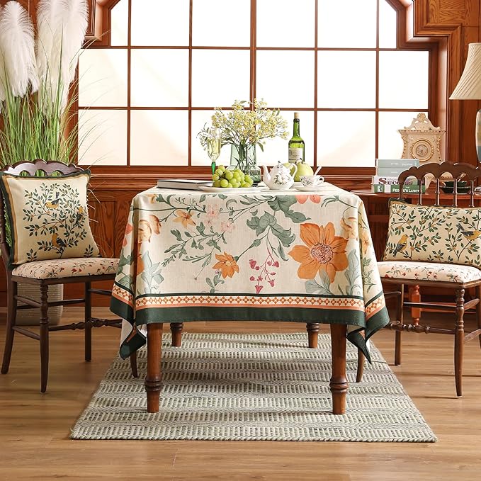 French Tablecloth for Rectangle Table,Linen Orange Floral Wrinkle Resistant Tablecloths,Decorative Table Cover for Kitchen,Dining,Tea Party,Thanksgiving,Christmas,55"*79"-Milch