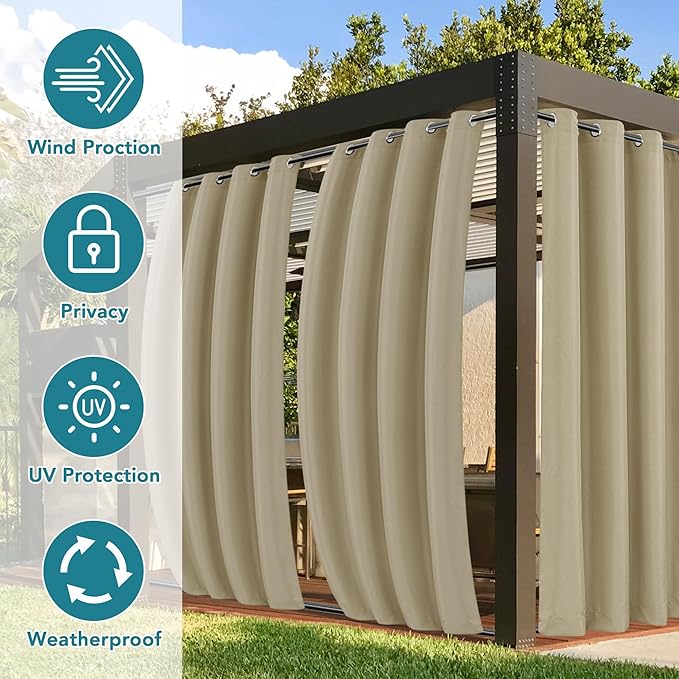 HolidayIdeas Outdoor Curtains for Patio Waterproof-4 Panels 54x84 Inch-Windproof Weatherproof Privacy Taupe Curtains-Grommet Top and Tab Bottom Drape for Gazebo, Porch, Pergola, Cabana, Backyard