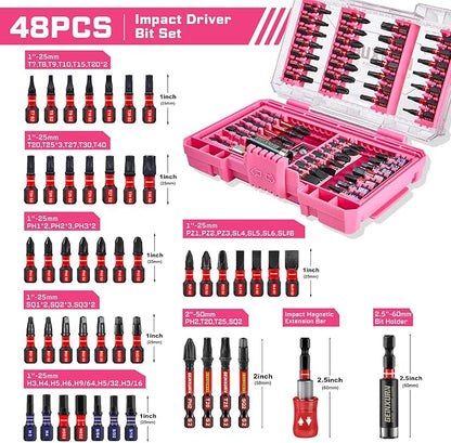 48Pieces Impact Screwdriver Bits Set, Magnetic S2 Steel Phillips/Slotted/Square/Torx Insert Power Bits Tips, Impact Bit Holder with Pink Storage Box Case