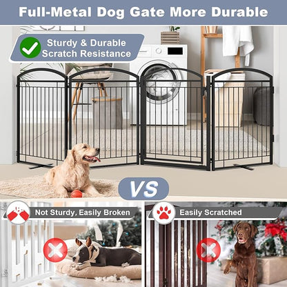 Full Metal Free Standing Dog Gate with Door for Indoor & Outdoor,96'' Extra Wide 32'' Tall Dog Gate for The Doorways,Large Openings,Decks,Porch,Pet Freestanding Safety Fence(4 Panels,Black)