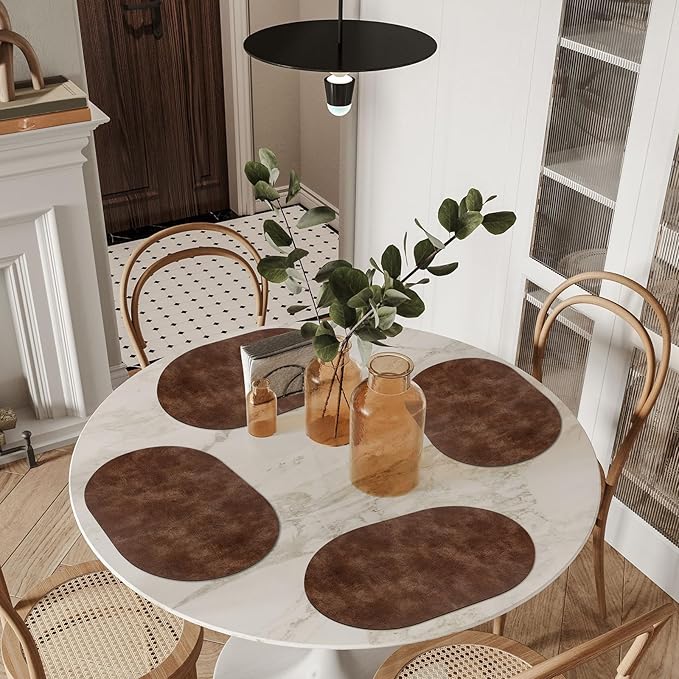 ADRIMER Placemats, Heat Resistant Oval Placemats Set of 4 Washable 12 x 17 Inch, Waterproof Table Mats, Wipeable Pu Place Mats for Kitchen, Dining Room, Brown