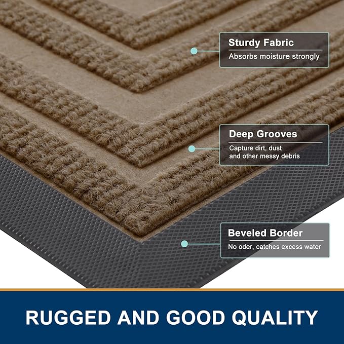 Buganda Front Door Mat Indoor Outdoor Entrance, Non-Slip Natural Rubber Doormats, Easy Clean, Low Profile, Dirt Trapper Entryway Floor Mats for Outside, Garages and Patios, 29.5x17, Light Brown
