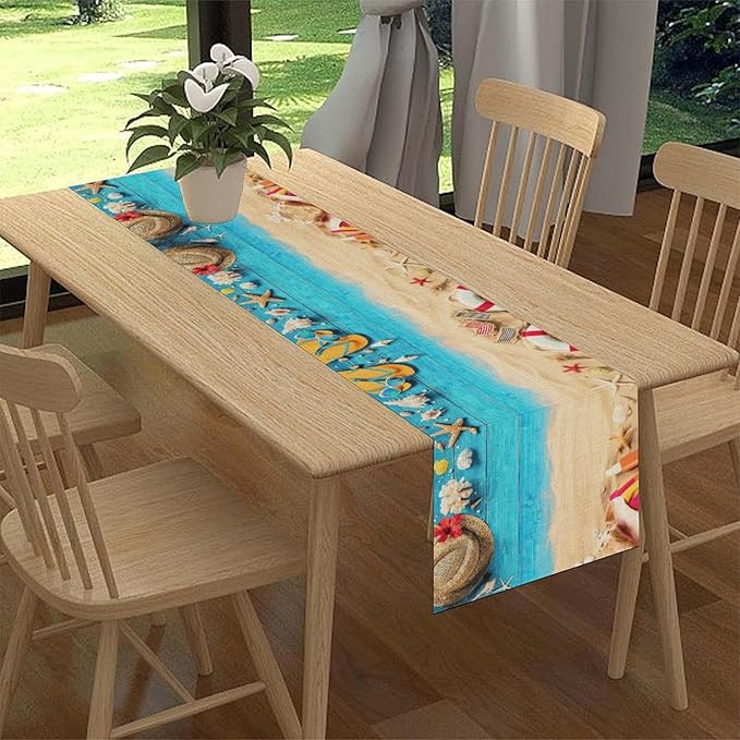 Summer Coastal Table Runner, Nautical Starfish Beach Seashell Ocean Retro Wooden Plank Seasonal Coffee Table Center Decor for Home Kitchen Dining Patio Holiday Party Table Decorations 13"x72"