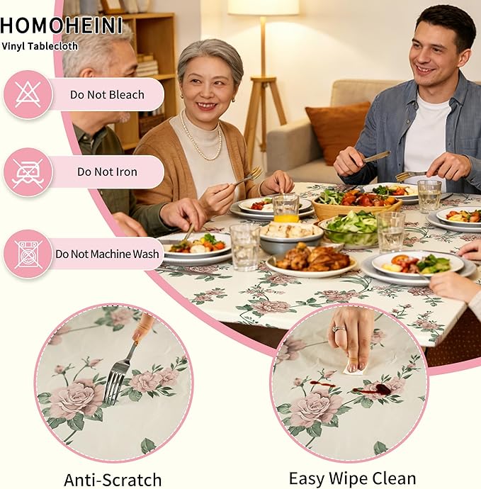 Rectangle Picnic Table Cloth, Elastic Waterproof Fitted Vinyl Tablecloths for 4 Foot Tables, Wipeable Flannel Backed Table Covers for Dining, Camping, Outdoor(Rose,30"x48")