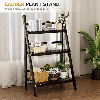 oakvivo 39.4" Foldable Plant Shelf Ladder Shelf, 3 Tier Bamboo Ladder Flower - Image 8