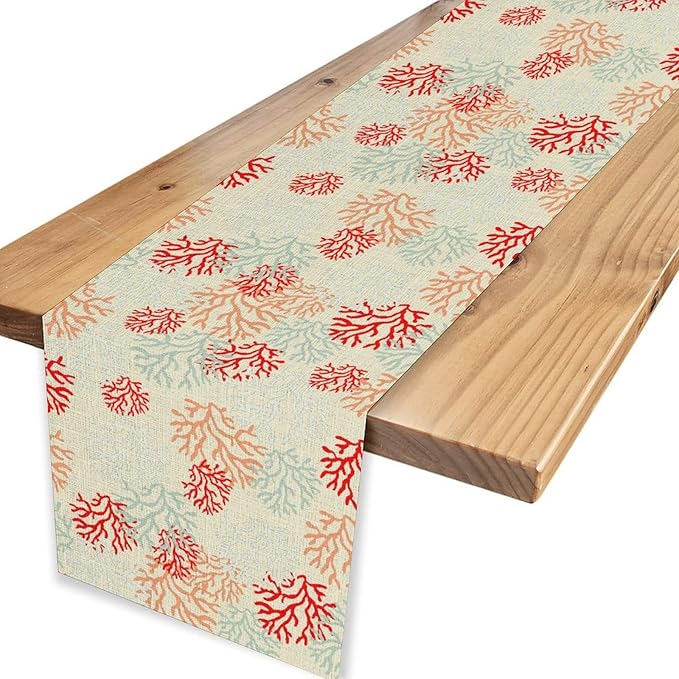 Coral Table Runner, Red Nautical Rustic Coastal Farmhouse Tropical Ocean Undersea Coffee Table Center Decor for Home Kitchen Dining Patio Holiday Party Table Decorations 13"x90"