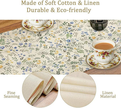 Rustic Flower Table Runner, Spring Sage Green Eucalyptus Leaves Watercolor Floral Flower Plant Leaves Print Table Cover for Dinning Holiday Home Picnic Party Decor, 13x70inch