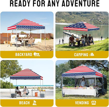 CROWN SHADES 10x10 Pop Up Canopy - Beach Tent with One Push Setup - Easy Outdoor Sun Shade for Events, Parties, Camping - Gazebo with STO-N-Go Cover Bag, Silver Coated Top, American Flag