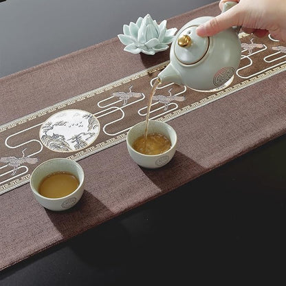 Embroidered Tassel Table Runner Chinese Style Landscape Painting Waterproof Cotton Linen Holiday Kitchen Dining Table Decoration for Home Party Decor 13x72 Inch (Brown)