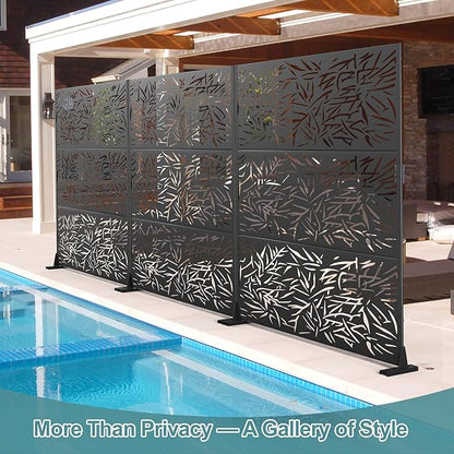Metal Privacy Screen Outdoor Freestanding Privacy Wall Panels and Decorative Patio Dividers, Crafted from Steel with Sun-Proof Design, Ideal for Patio, Deck, Garden,72" H×47" L（Black&Bamboo）