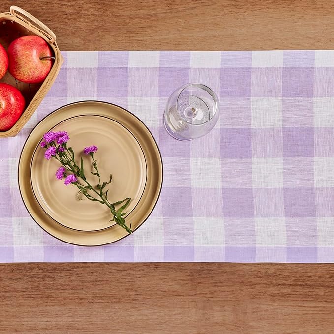 Solino Home Linen Checkered Table Runner 144 Inches Long - 100% Pure Linen Buffalo Check Misty Lavender Table Runner 14 x 144 Inch Ideal for Dining, Valentines, Spring, Easter