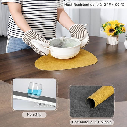 Placemats and Coasters, Washable Reversible Placemats Round Faux Leather Wipeable Place Mats Non Slip Heat Resistant Indoor Outdoor Table Mats (Set of 4, Gray Yellow)