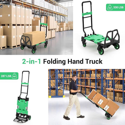 2-in-1 Folding Hand Truck with Basket, Heavy Duty 330LBS Collapsible Cart, Convertible Dolly & 4-Wheel Portable Shopping Cart for Groceries, Travel, Moving - Green