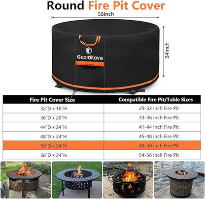 [Upgraded 1000D Heavy Duty Fabric] 50” Fire Pit Cover Round for 48”- 50” Fire Pit/Tables, Waterproof Tear & Fade Resistant Firepit Cover with Buckle, Handle, Drawstring, Air Vent (50”D x 24”H,Black)