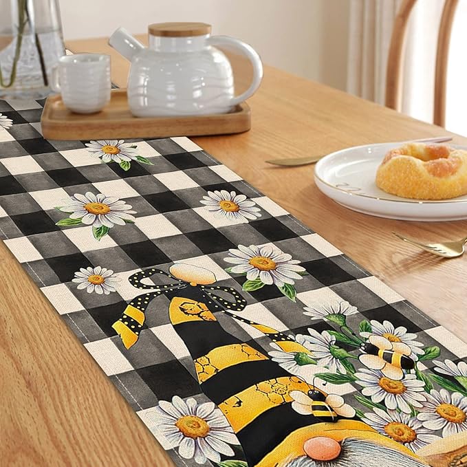 Seliem Spring Bee Gnome Table Runner, Honey Black White Buffalo Plaid Check Home Kitchen Dining Decor, Summer Seasonal Farmhouse Daisy Decorations Indoor Outdoor Anniversary Party Supply 13 x 60 Inch