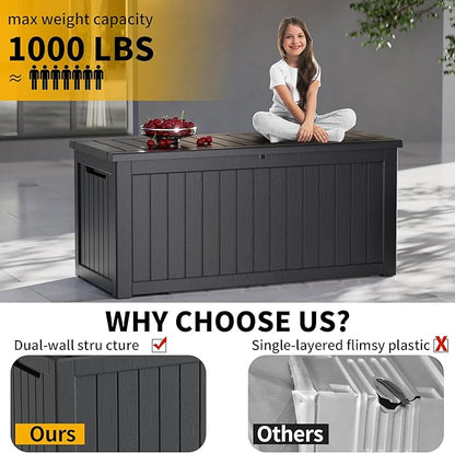 270 Gallon Resin Deck Box, Waterproof Outdoor Storage Box for Patio Furniture Cushions, Garden Tools, and Pool Accessories, Large Lockable UV-Resistant Storage Bin Bench Cabinet for Outside, Black