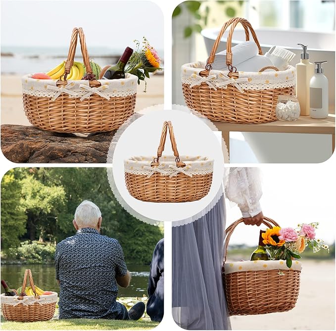 G GOOD GAIN Wicker Picnic Basket with Double Folding Handles,Willow Picnic Hamper,Natural Hand Woven Easter Basket,Easter Eggs and Candy Basket,Bath Storage,Gift Packing Basket.Yellow
