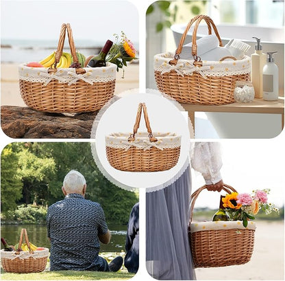 G GOOD GAIN Wicker Picnic Basket with Double Folding Handles,Willow Picnic Hamper,Natural Hand Woven Easter Basket,Easter Eggs and Candy Basket,Bath Storage,Gift Packing Basket.Yellow