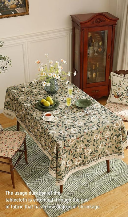 ISAENNE Designer Green Linen Long Rectangle Tablecloth,Floral French Country Indoor Table Cloth,Stain Resistant Home Decor Tablecloths for Dining Kitchen Thanksgiving Party,63"*94"-Brune