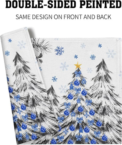 Giwawa Christmas Placemats Set of 4 Blue Grey Xmas Trees Balls Linen Place Mat 12"x18" Winter Poinsettia Floral Snowflakes Stain Resistant Table Mats for Kitchen Dining Holiday Party Decor