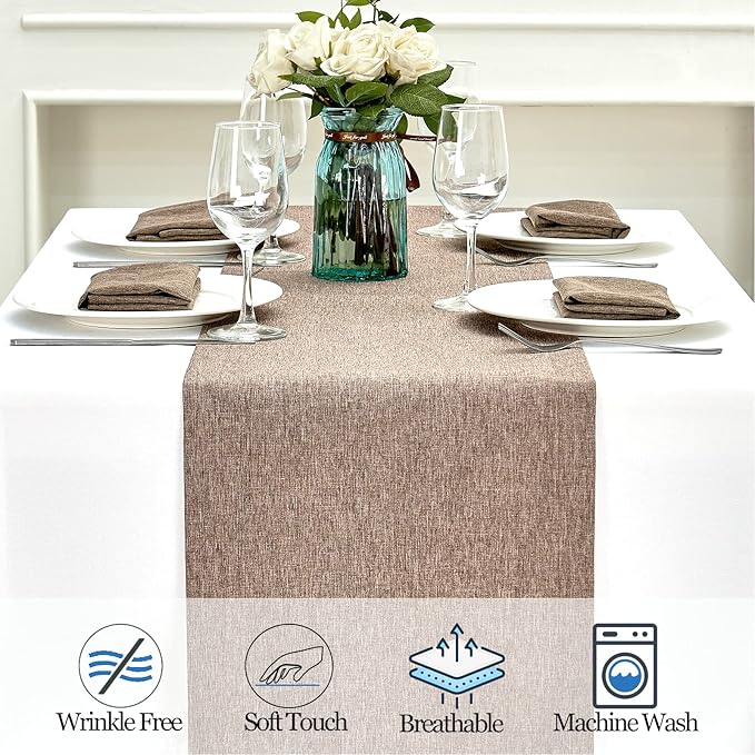 Mebakuk Linen Farmhouse Table Runner Large Burlap Style Soft and Waterproof Decorative Fabric Runner for Outdoor Wedding and Dinner (14 x 90 Inch, Flaxen)