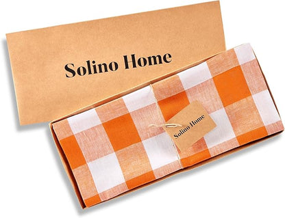 Solino Home Linen Checkered Table Runners 72 Inches Long - 100% Pure Linen Pumpkin and White Buffalo Check Table Runner 14 x 72 Inch Ideal for Dresser, Dining