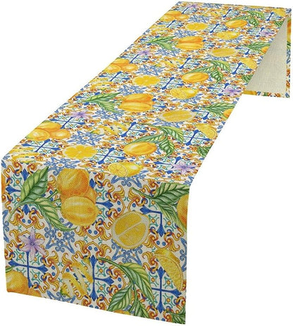 Lemon Tiles Table Runner, Blue Yellow Kitchen Summer Flower Table Runner for Home Kitchen Indoor Outdoor Patio Party 13x60in