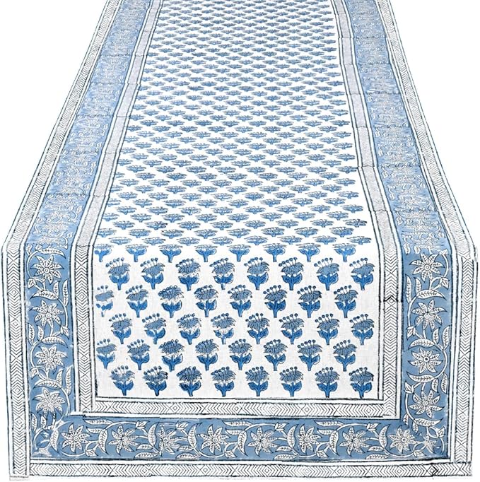 CPC Cotton Table Runner 16x108 Inch Block Printed Long Fall Table Runner for Dining Table, Card Table, Coffee Table, Wedding, Farmhouse & Outdoor Barbeque-Apatite Blue