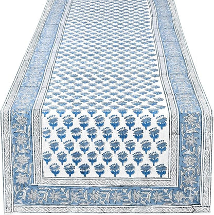 CPC Cotton Table Runner 16x108 Inch Block Printed Long Fall Table Runner for Dining Table, Card Table, Coffee Table, Wedding, Farmhouse & Outdoor Barbeque-Apatite Blue
