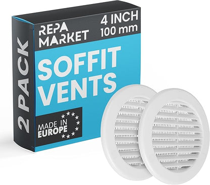 Repa Market 4 Inch (Opening) White Round Air Vent Cover - Pack of 2 Plastic Fresh Air Intake Vent - Grill Cover with Nylon Mesh Screen - Wall or Ceiling HVAC Return Air Register - Modern Soffit Vents