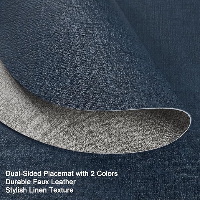 Myir JUN Round Placemats Dual Sided, Faux Leather Place Mats Set of 4 Indoor Placemats for Dining Table Outdoor Placemats Non-Slip Washable Table Mats (Set of 8, Gray Blue)