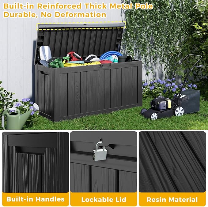 EasyUp 85 Gallon Deck Box Waterproof, Outdoor Storage Box Lockable for Patio Cushions, Garden Tools Accessories with Hydraulic Rod, UV-Resistant and Durable for Patio, Garden Use