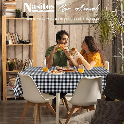 Nasitos 2 Pack Gingham Vinyl Tablecloth 60x102 Inch-Rectangle Picnic Table Cover Waterproof Vinyl Plastic Table Cloth, Black and White Checkered Flannel Backed Tablecloth for Parties, Dinner, Outdoor