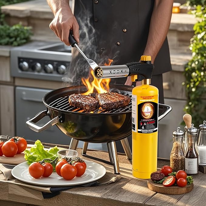 BLAZEAL Propane Torch Kit with 2x MAPP Gas,4-Flame Blow Torch Head with Propane Tank Base for MAP Gas,Work in All Angle,Trigger Start Torch Gun for Welding Brazing Soldering Grill Camping Cooking Food