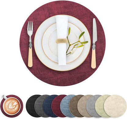Round Faux Leather Placemats and Coasters, Set of 6, Reversible Heat Resistant Non-Slip Table Mats, Waterproof Wipeable Place Mats for Dining Table, Washable for Indoor & Outdoor (6, Red)