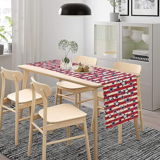 4th of July Table Runner, Vintage American Independence Day Stripes and Stars Patriotic Table Center Decor for Home Kitchen Dining Party Outdoor Holiday 13x90in