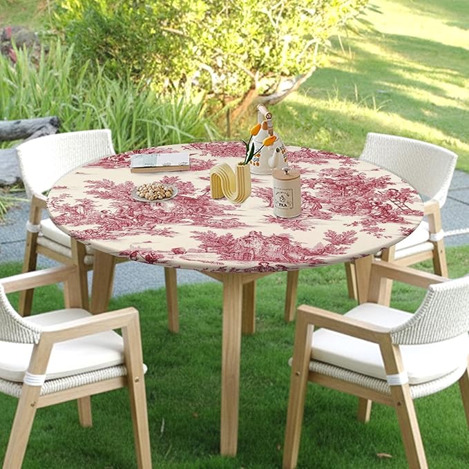 French Country Round Fitted Tablecloth with Elastic Vintage Red Circle Table Cloth for 44-48" Round Tables Wipeable Waterproof Rustic Burgundy Pink Village Table Cover for Dining Patio Picnic Decor