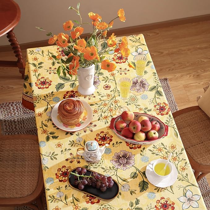 Vintage Linen Tablecloth for Rectangle Table,Yellow Floral French Wrinkle Free Extra Long Tablecloths,Decor Table Cover for Kitchen,Dining,Thanksgiving,Farmhouse,63" × 110"-Bellano