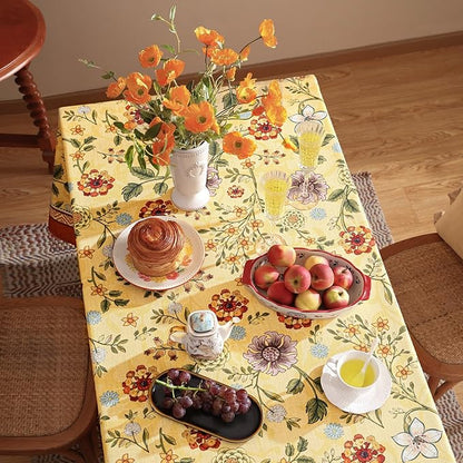 Vintage Linen Tablecloth for Rectangle Table,Yellow Floral French Wrinkle Free Long Tablecloths,Decorative Table Cover for Kitchen,Dining,Thanksgiving,Farmhouse,63" × 94"-Bellano